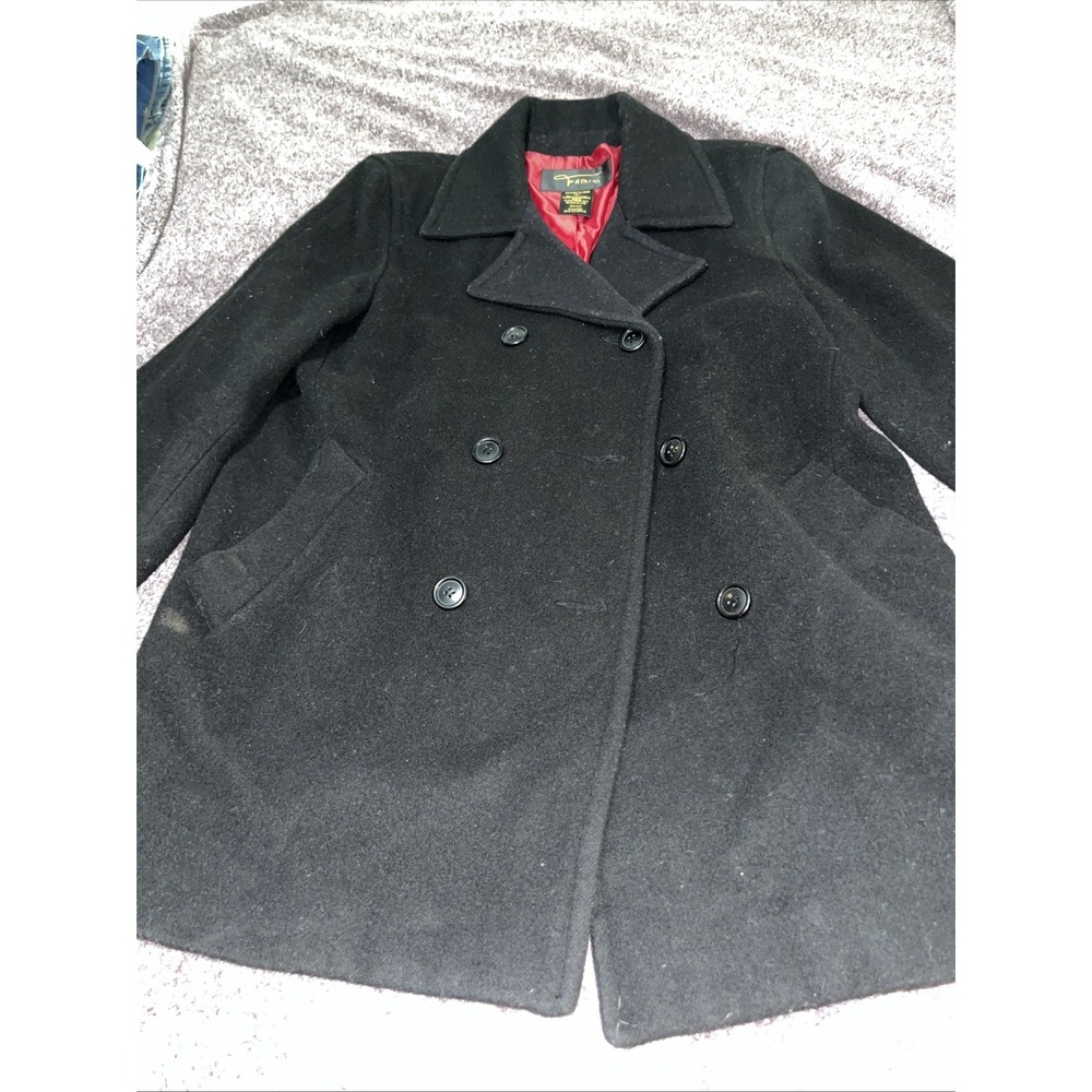 VTG Fabio Womens XL Pea Coat Wool Blend Black Double Breasted Red Lined Jacket